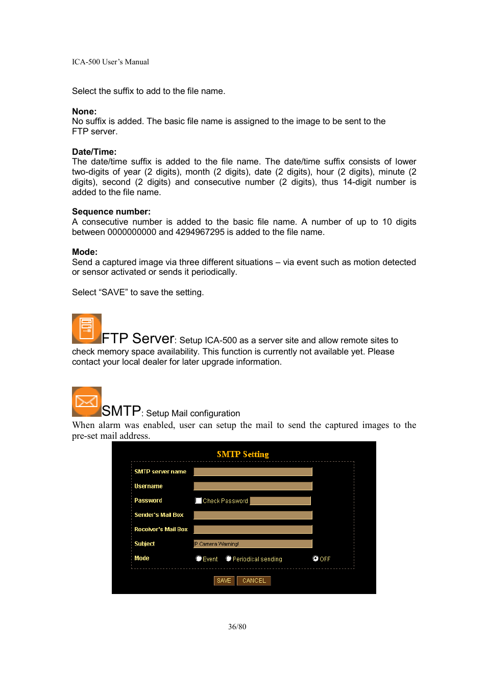 Ftp server, Smtp | Veo ICA-500 User Manual | Page 36 / 80