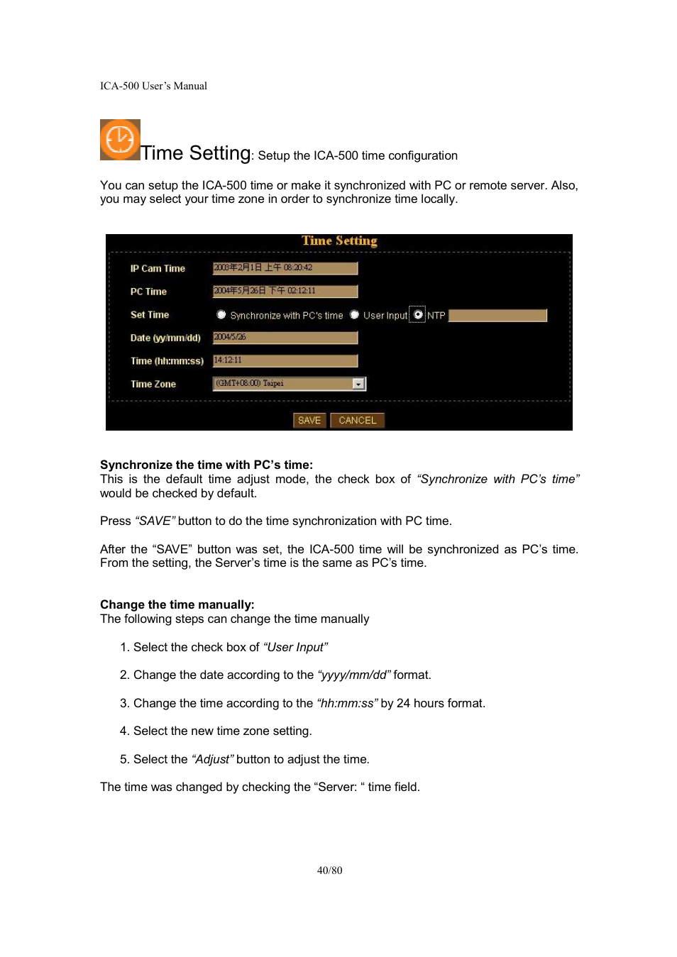 Time setting | Veo ICA-500 User Manual | Page 40 / 80