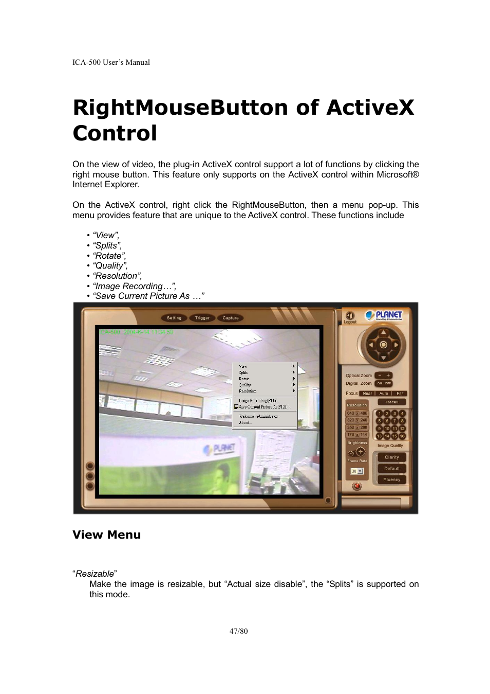 Rightmousebutton of activex control, View menu | Veo ICA-500 User Manual | Page 47 / 80