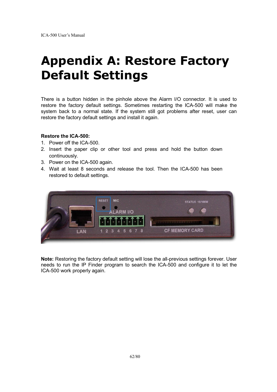 Appendix a: restore factory default settings | Veo ICA-500 User Manual | Page 62 / 80