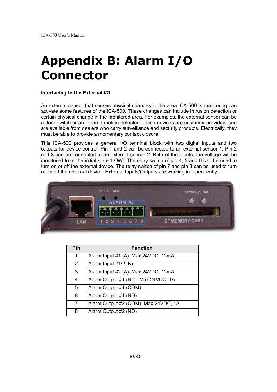 Appendix b: alarm i/o connector | Veo ICA-500 User Manual | Page 63 / 80