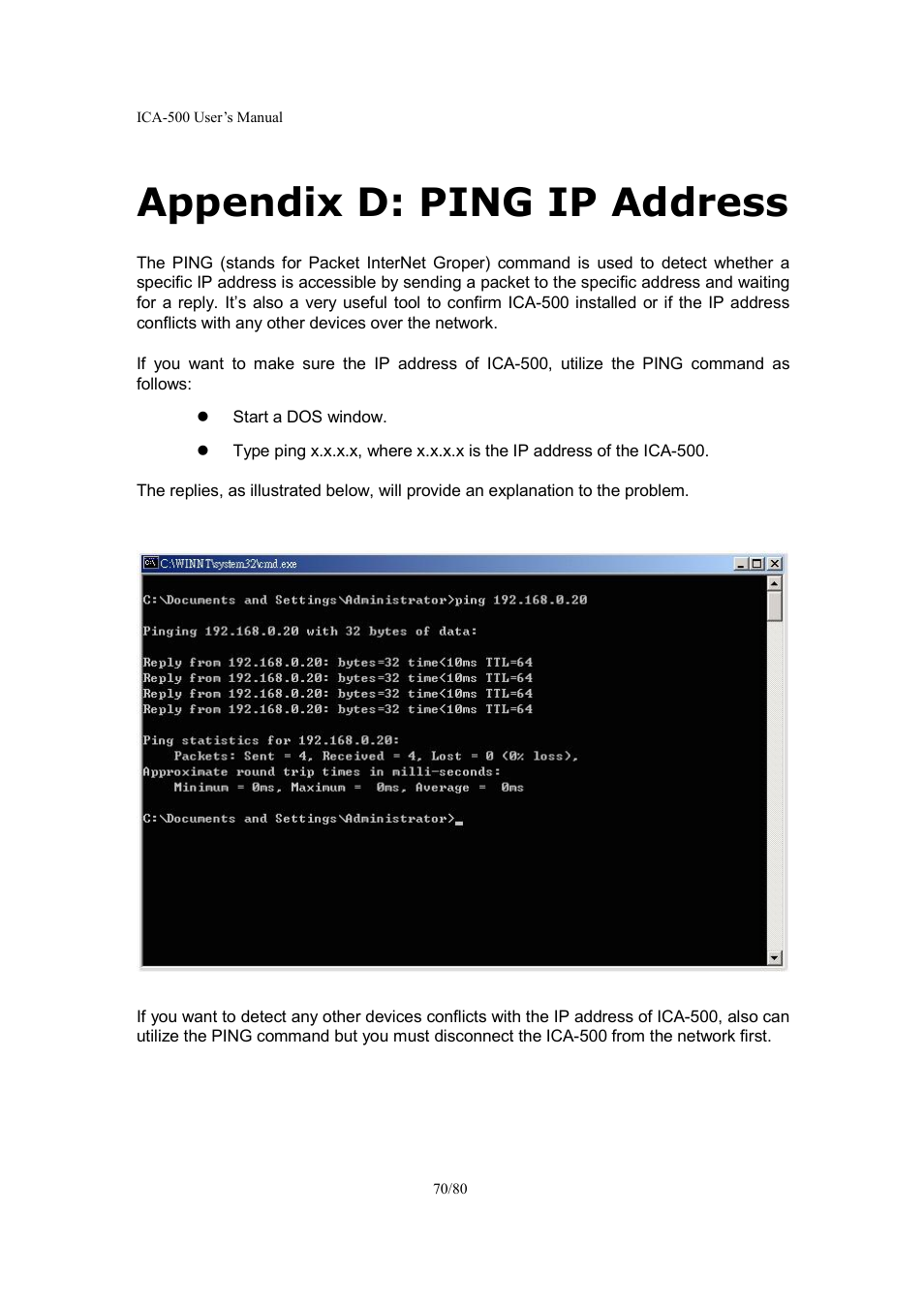 Appendix d: ping ip address | Veo ICA-500 User Manual | Page 70 / 80
