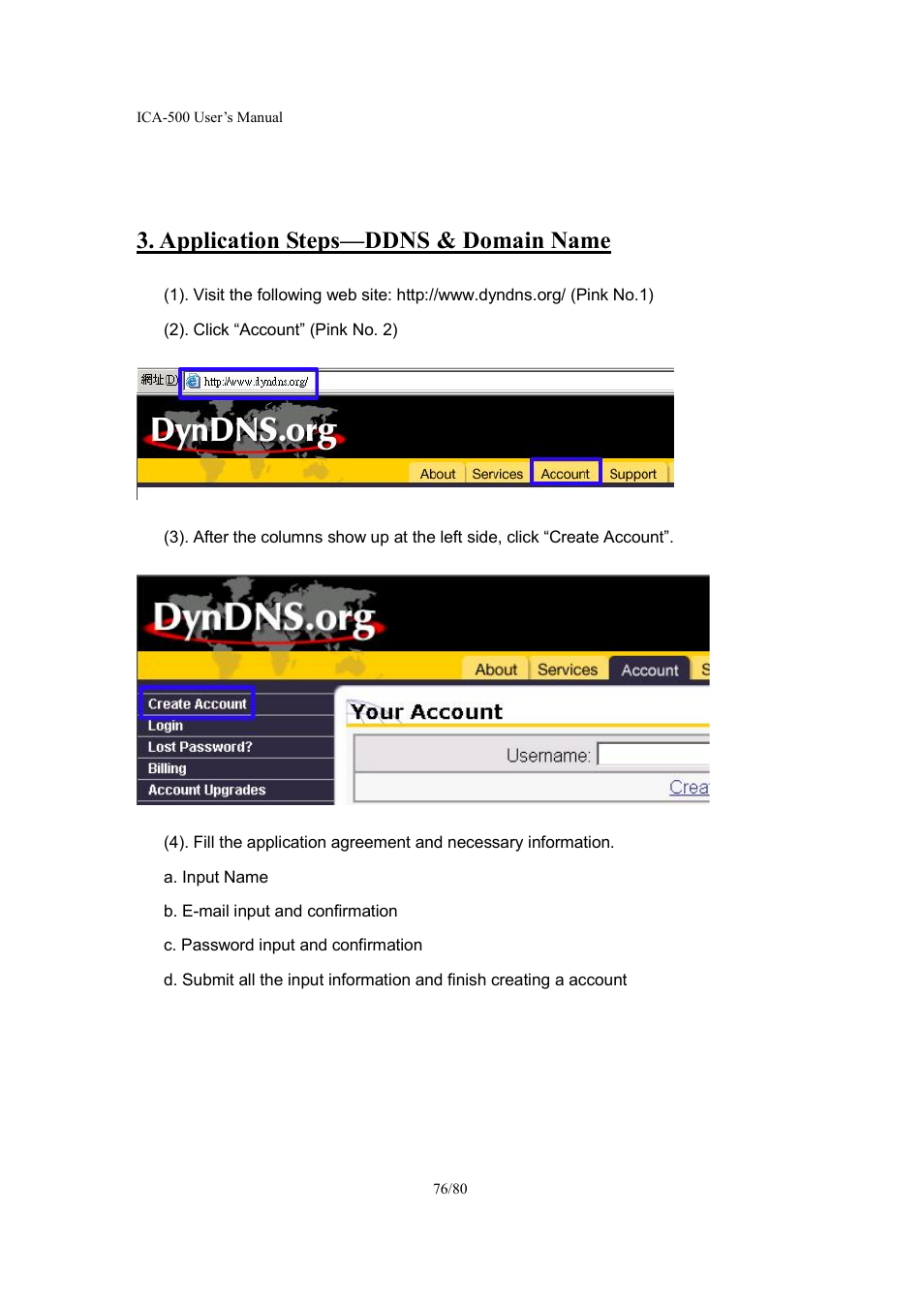 Application steps—ddns & domain name | Veo ICA-500 User Manual | Page 76 / 80