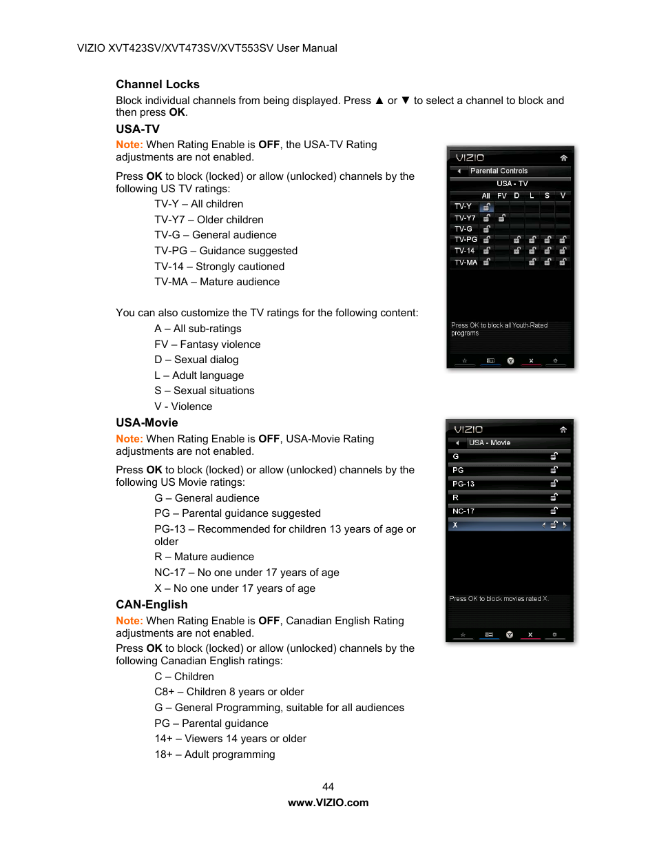 Channel locks, Usa-tv, Usa-movie | Can-english | Vizio XVT423SV User Manual | Page 44 / 64