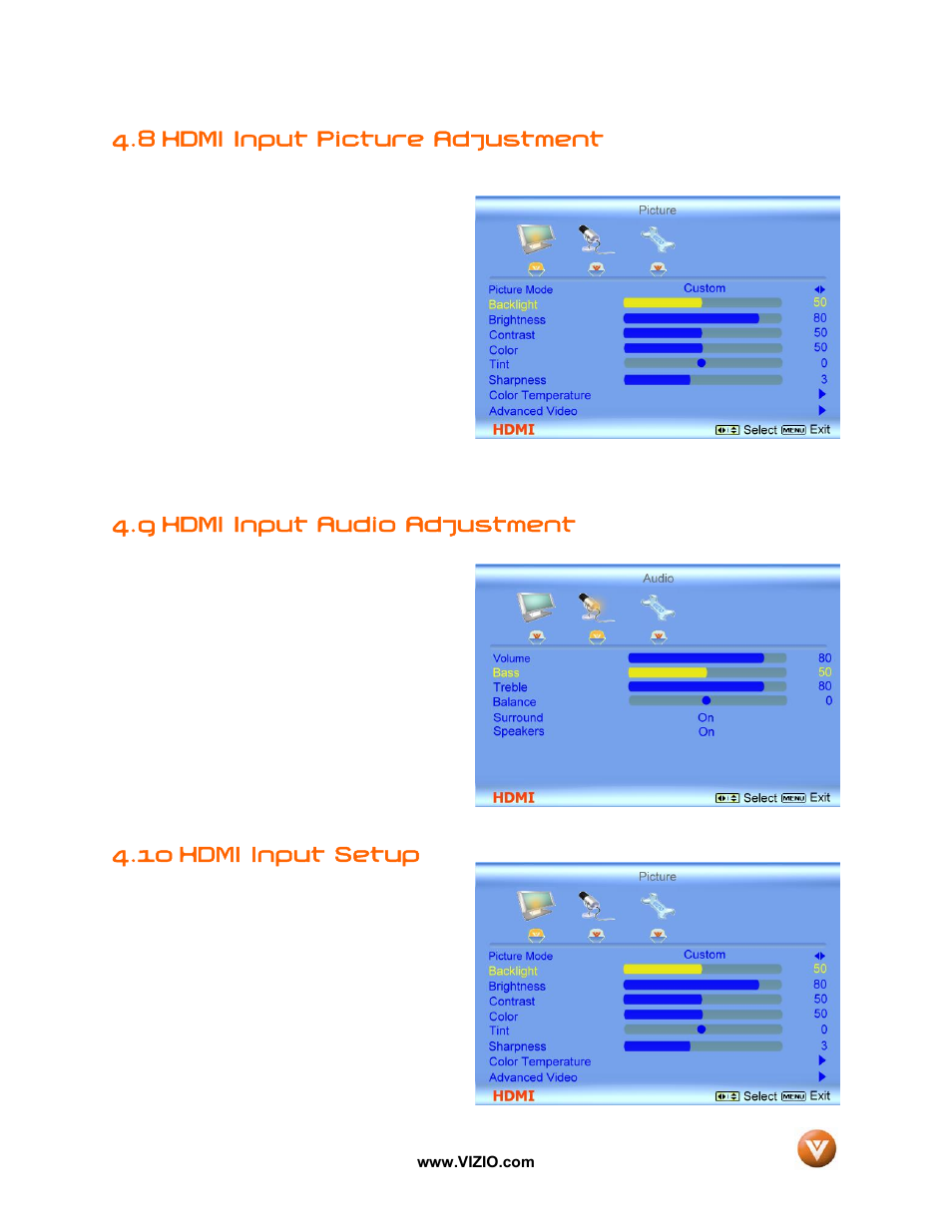 8 hdmi input picture adjustment, Hdmi input audio adjustment, Hdmi input setup | 9 hdmi input audio adjustment, 10 hdmi input setup | Vizio GV42L FHDTV10A User Manual | Page 51 / 79