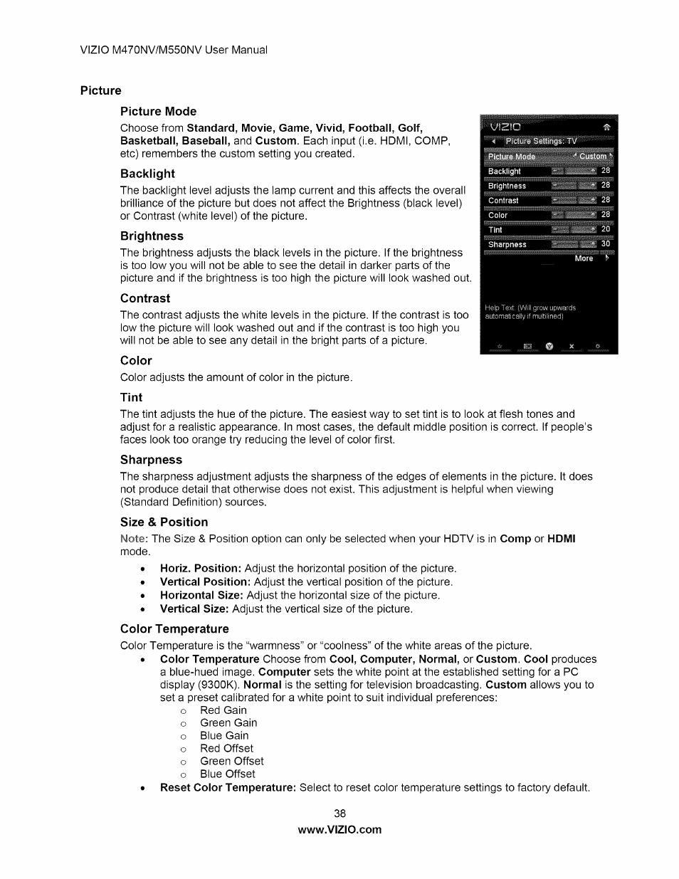 Picture, Picture mode, Contrast | Color, Tint, Size & position | Vizio M470NV User Manual | Page 38 / 64
