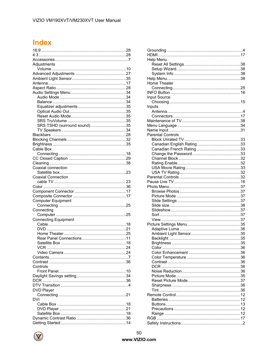 Index | Vizio VM190XVT User Manual | Page 50 / 51