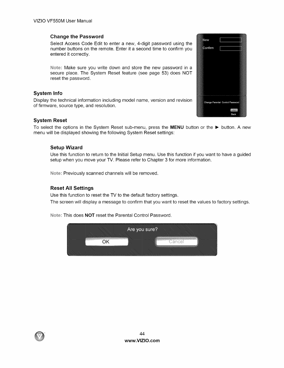 Change the password, System info, System reset | Setup wizard, Reset all settings | Vizio VF550M User Manual | Page 44 / 57