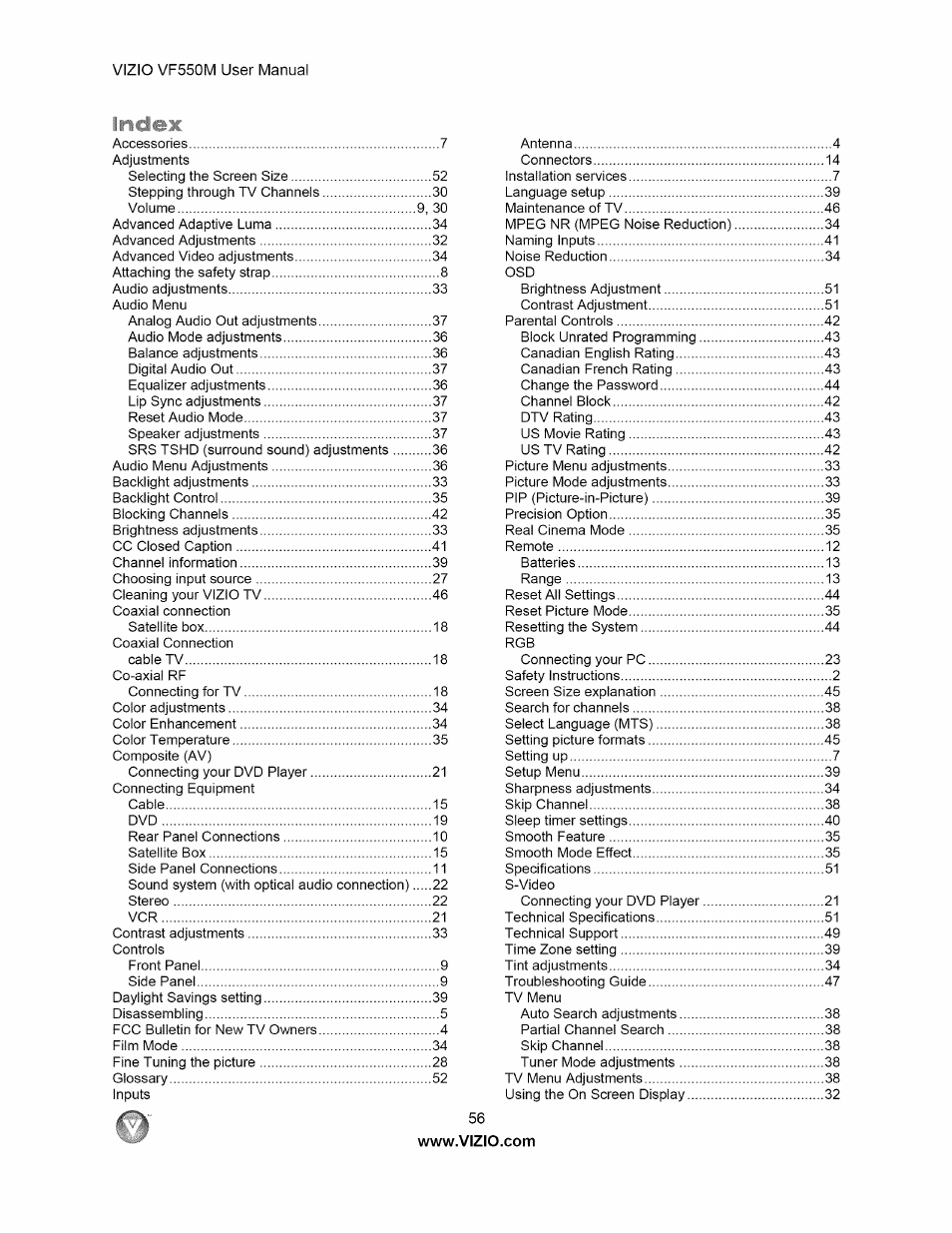 Index | Vizio VF550M User Manual | Page 56 / 57