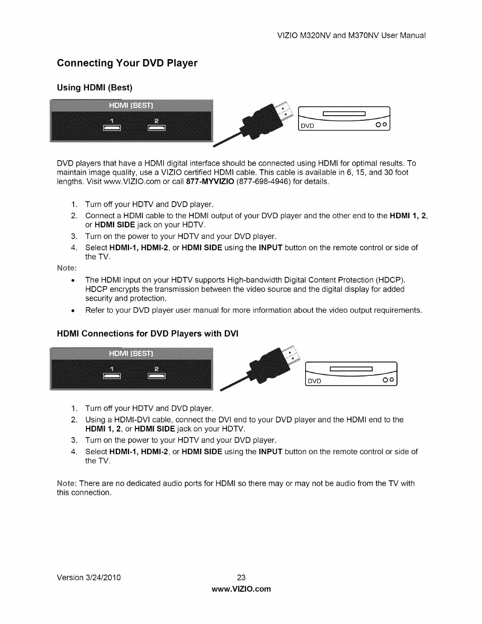 Connecting your dvd player, Using homi (best), Hdmi connections for dvd players with dvi | Vizio M320NV User Manual | Page 23 / 63