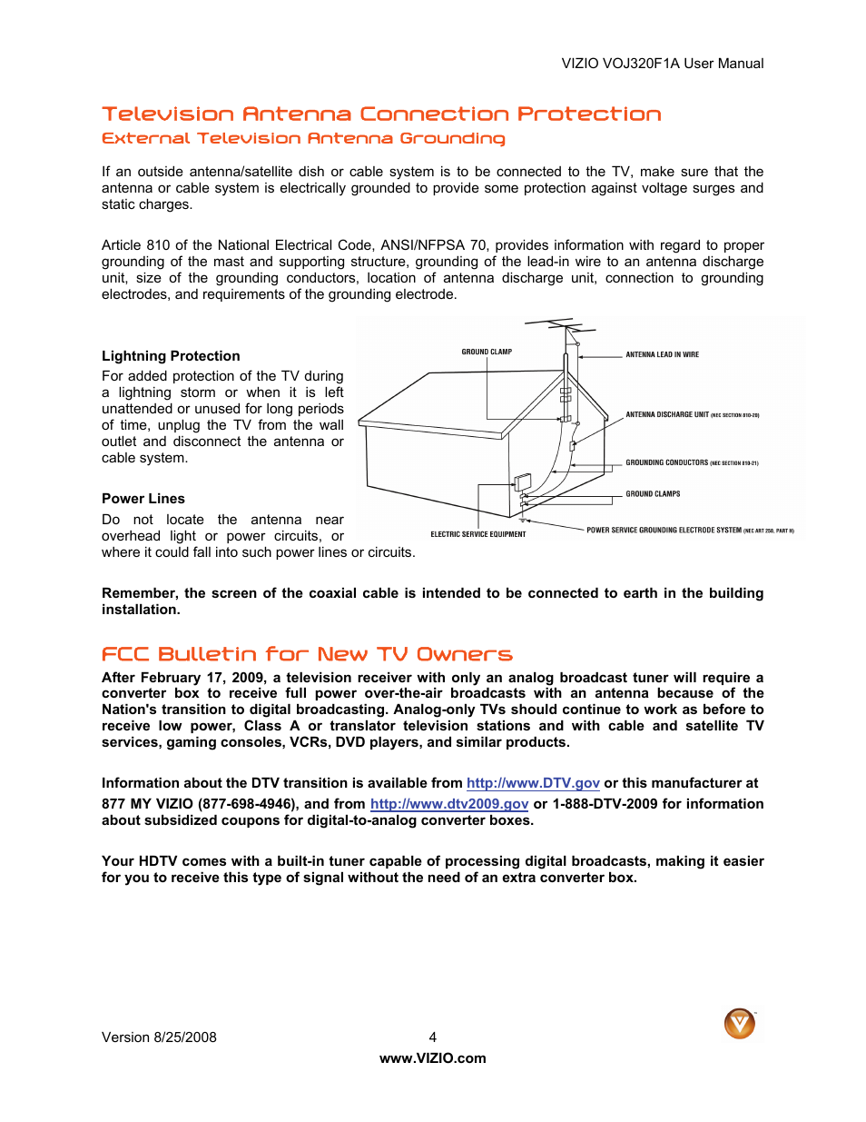 Television antenna connection protection, Fcc bulletin for new tv owners | Vizio VOJ320F1A User Manual | Page 4 / 76