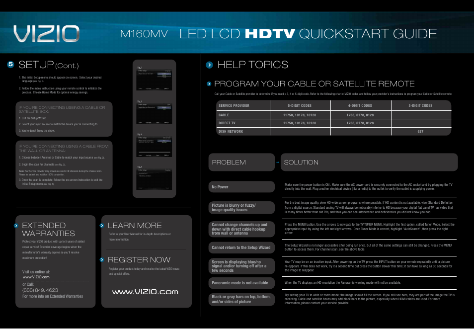 Led lcd hdtv quickstart guide, M160mv, Help topics setup | Extended warranties learn more register now, Program your cable or satellite remote, Cont.), Problem solution | Vizio M160MV User Manual | Page 2 / 2