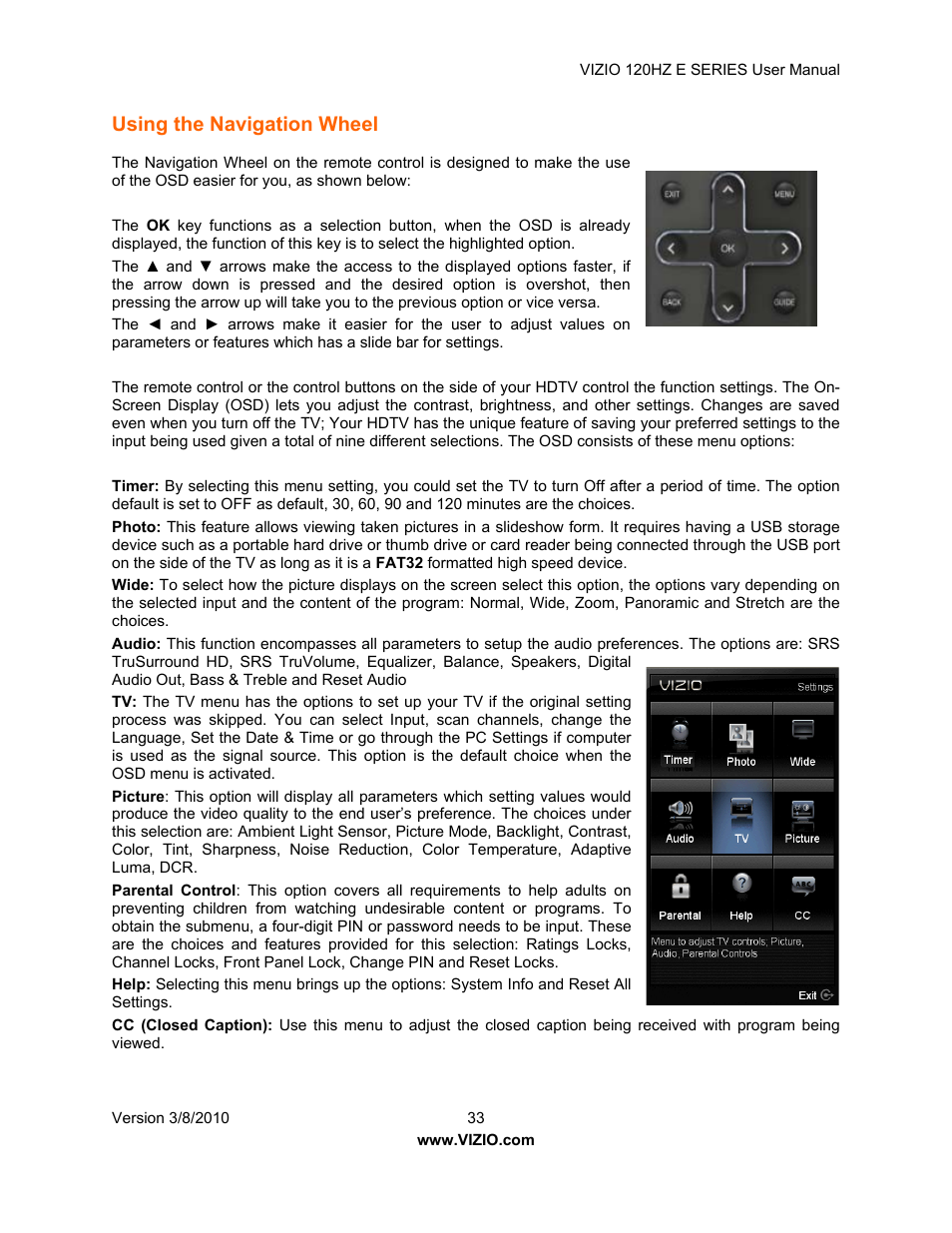 Using the navigation wheel | Vizio LCD E470VA User Manual | Page 33 / 88