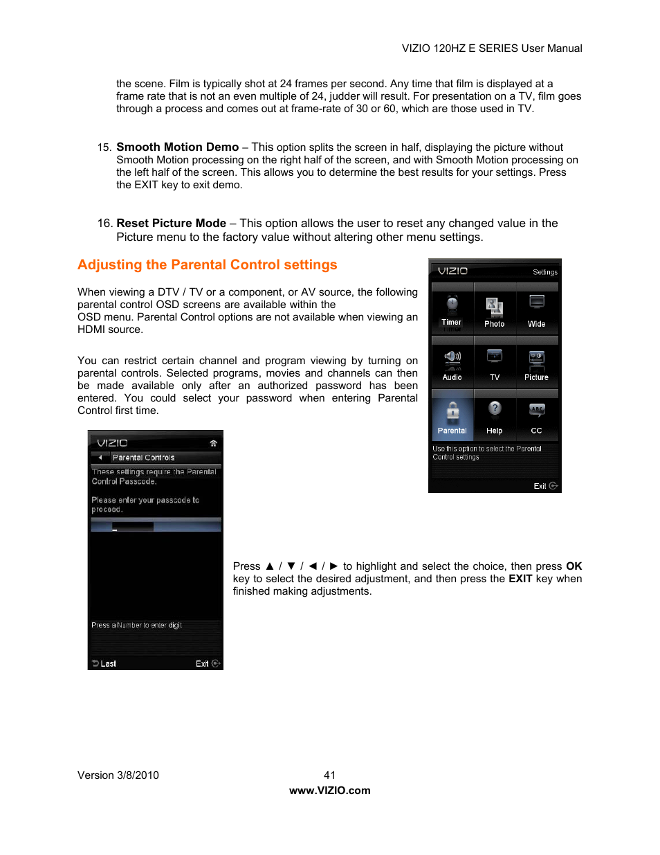 Adjusting the parental control settings | Vizio LCD E470VA User Manual | Page 41 / 88