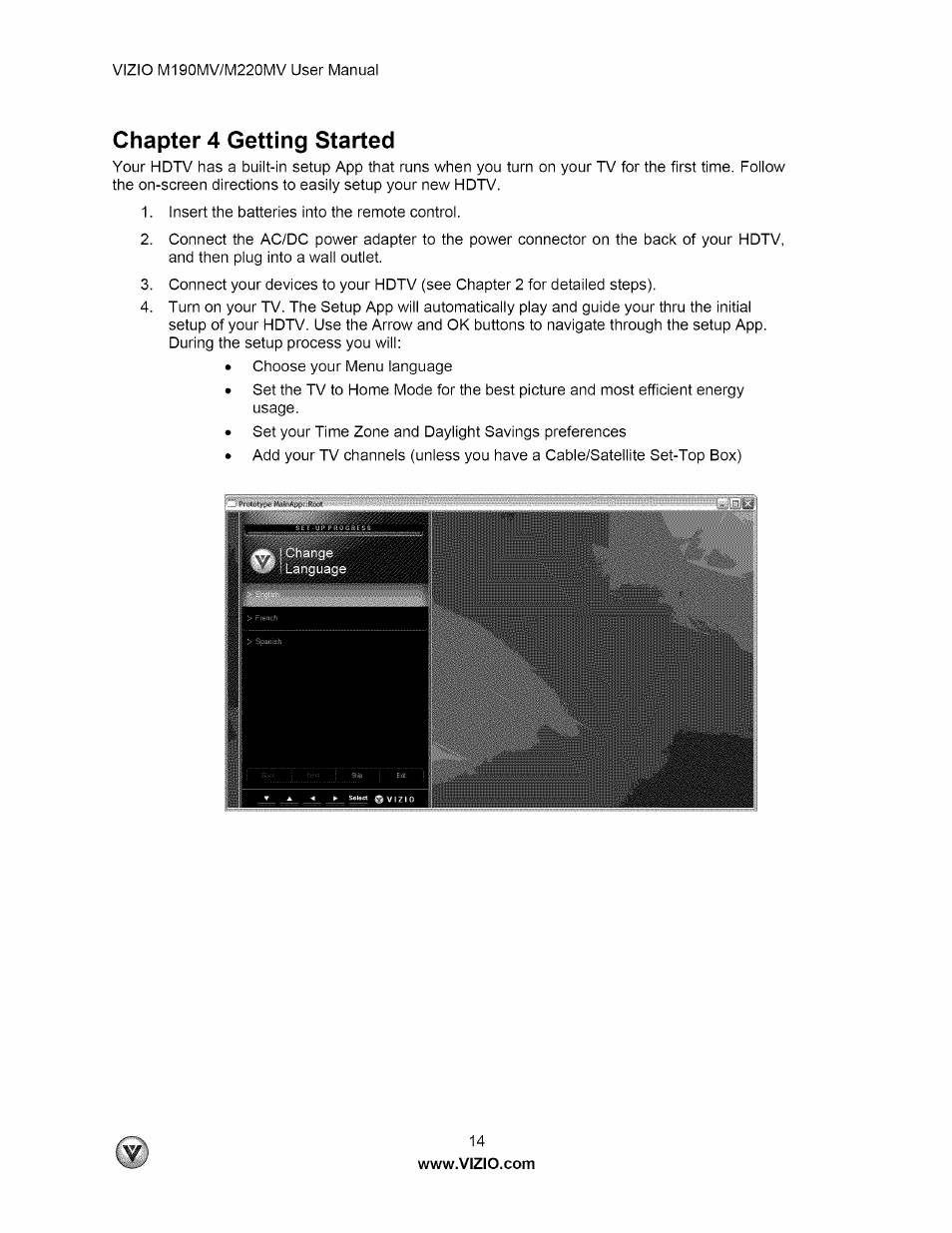 Chapter 4 getting started | Vizio M190MV User Manual | Page 14 / 51