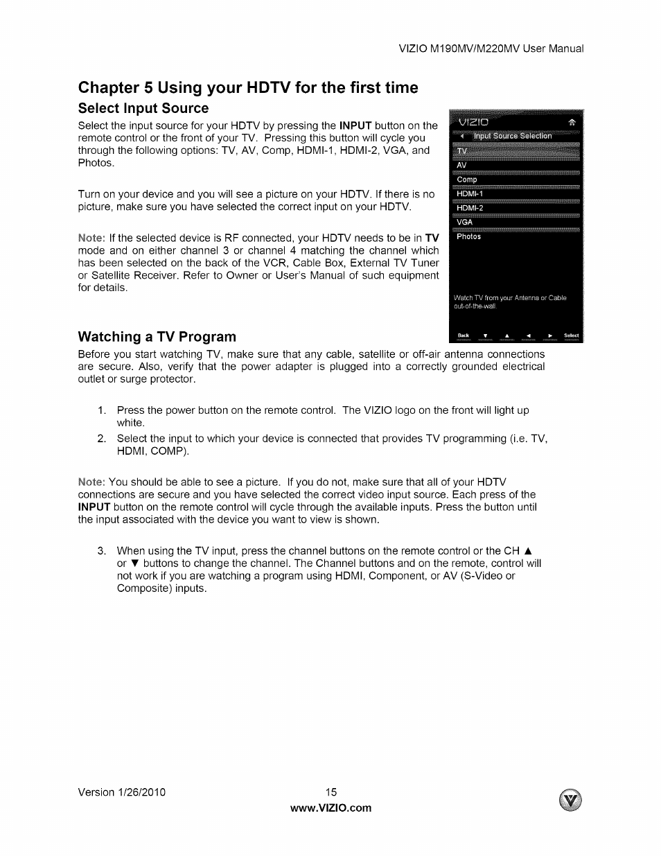 Chapter 5 using your hdtv for the first time, Select input source, Watching a tv program | Select input source watching a tv program | Vizio M190MV User Manual | Page 15 / 51