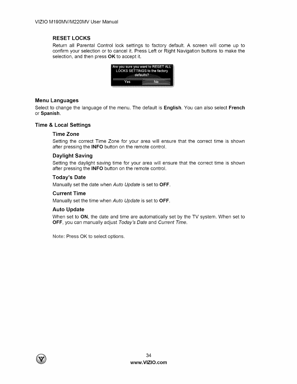 Menu languages, Time & local settings time zone, Daylight saving | Today’s date, Current time, Auto update | Vizio M190MV User Manual | Page 34 / 51