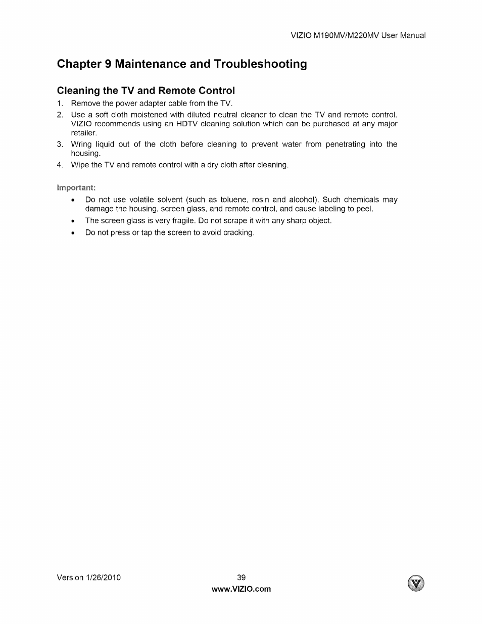 Chapter 9 maintenance and troubleshooting, Cleaning the tv and remote control, Chapters maintenance and troubleshooting | Vizio M190MV User Manual | Page 39 / 51