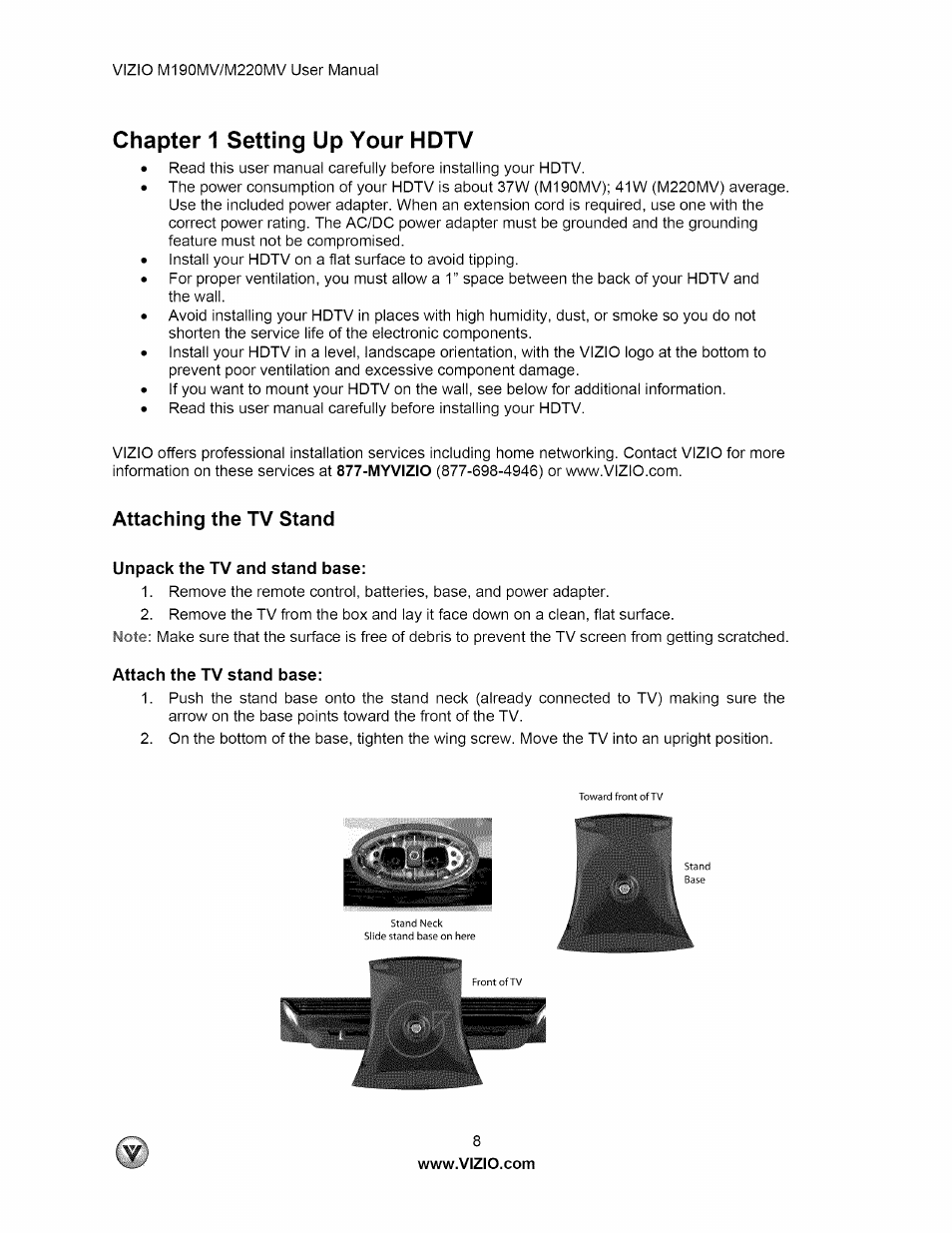 Chapter 1 setting up your hdtv, Attaching the tv stand, Unpack the tv and stand base | Attach the tv stand base | Vizio M190MV User Manual | Page 8 / 51