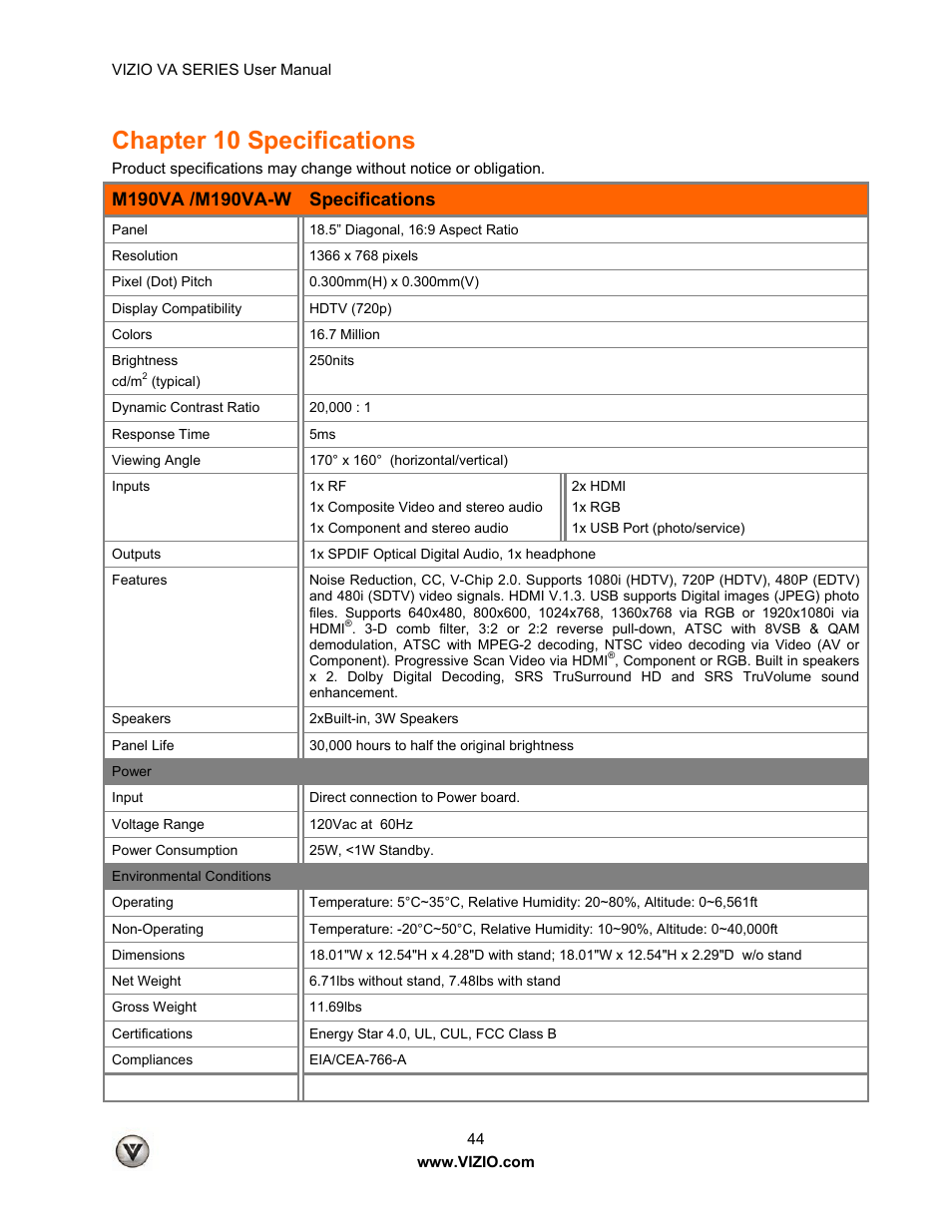 Chapter 10 specifications | Vizio M260VA User Manual | Page 44 / 51