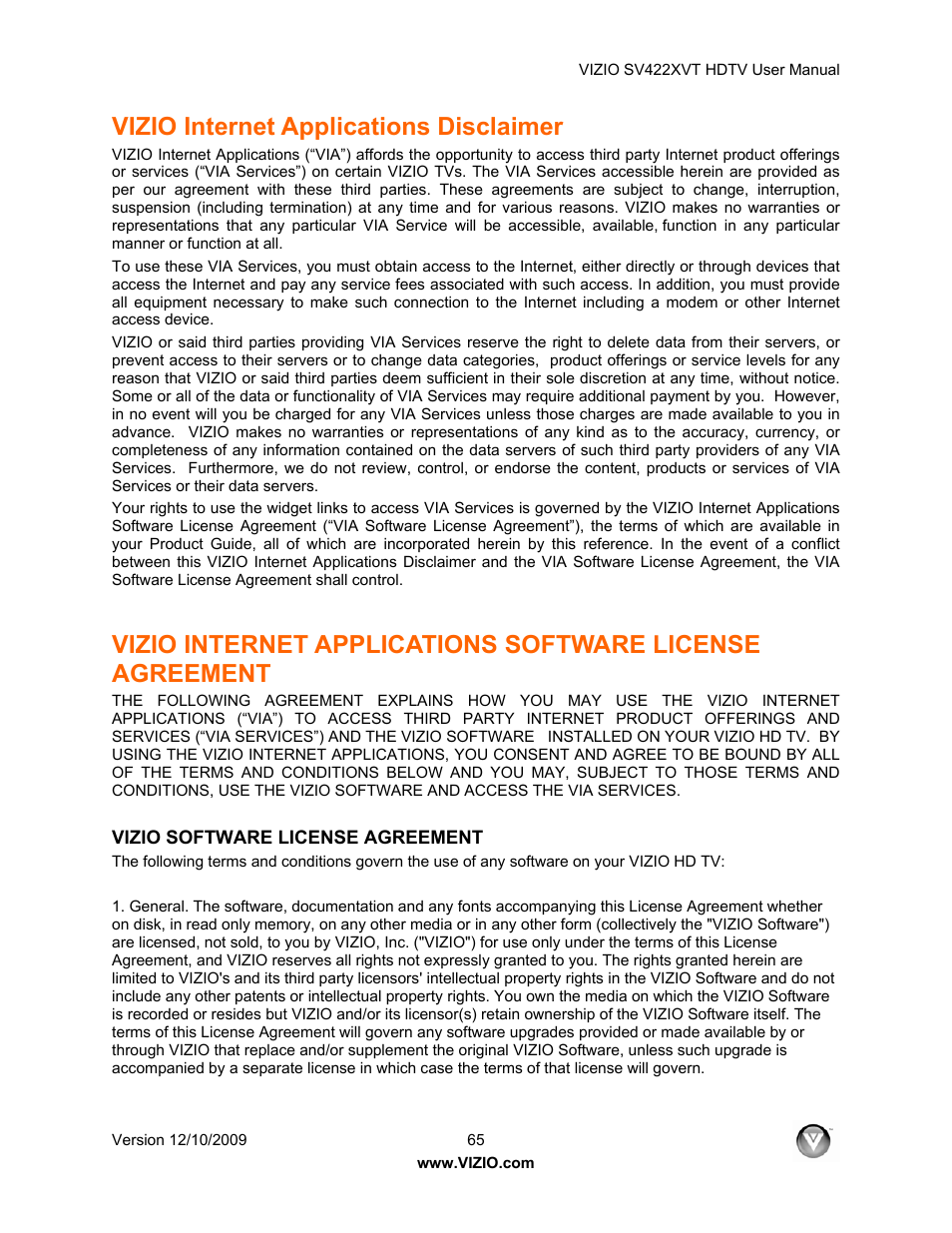 Vizio internet applications disclaimer | Vizio SV422XVT User Manual | Page 65 / 70