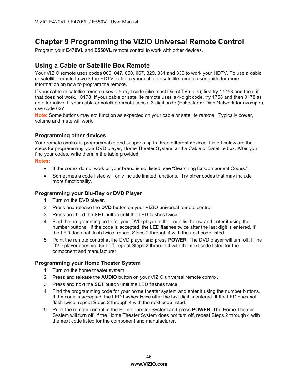 Using a cable or satellite box remote | Vizio E550VL User Manual | Page 46 / 73