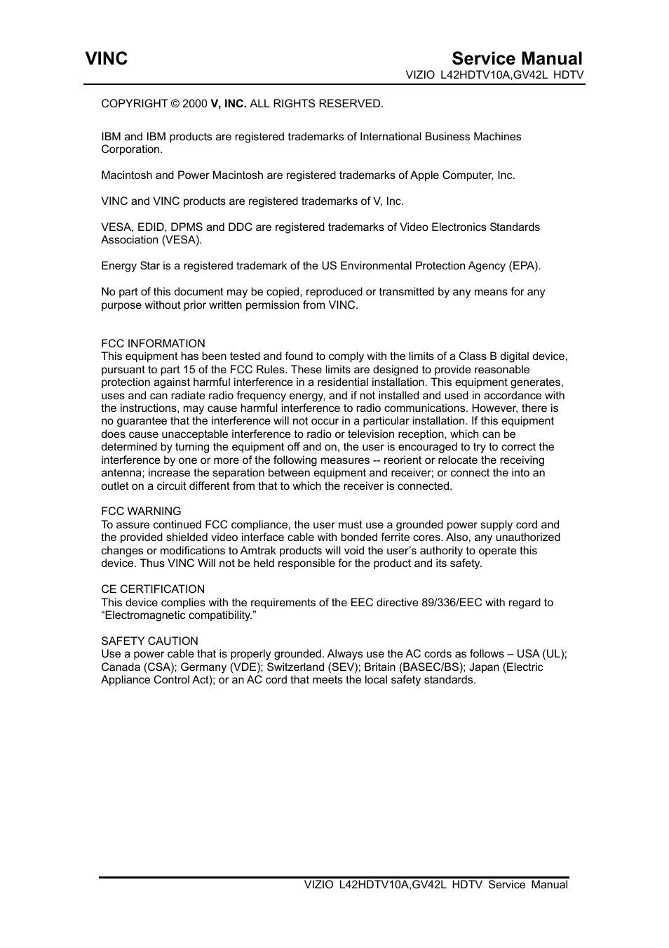 Vinc service manual | Vizio L42HDTV10A User Manual | Page 3 / 107