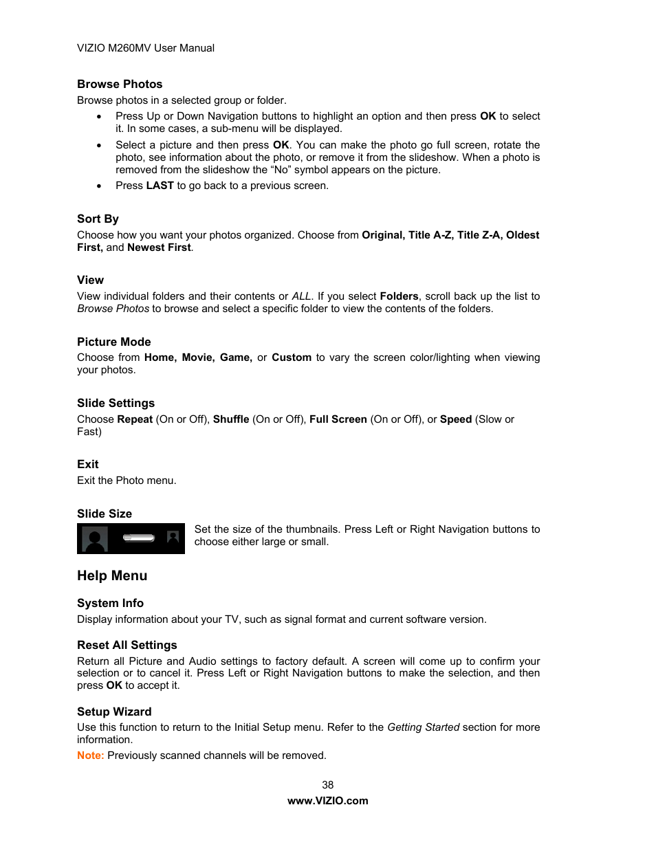 Help menu | Vizio M260MV User Manual | Page 38 / 49