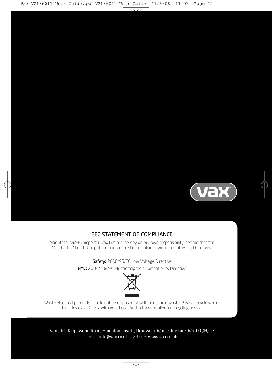 Eec statement of compliance | Vizio MACH 1 VZL-6011 User Manual | Page 12 / 12