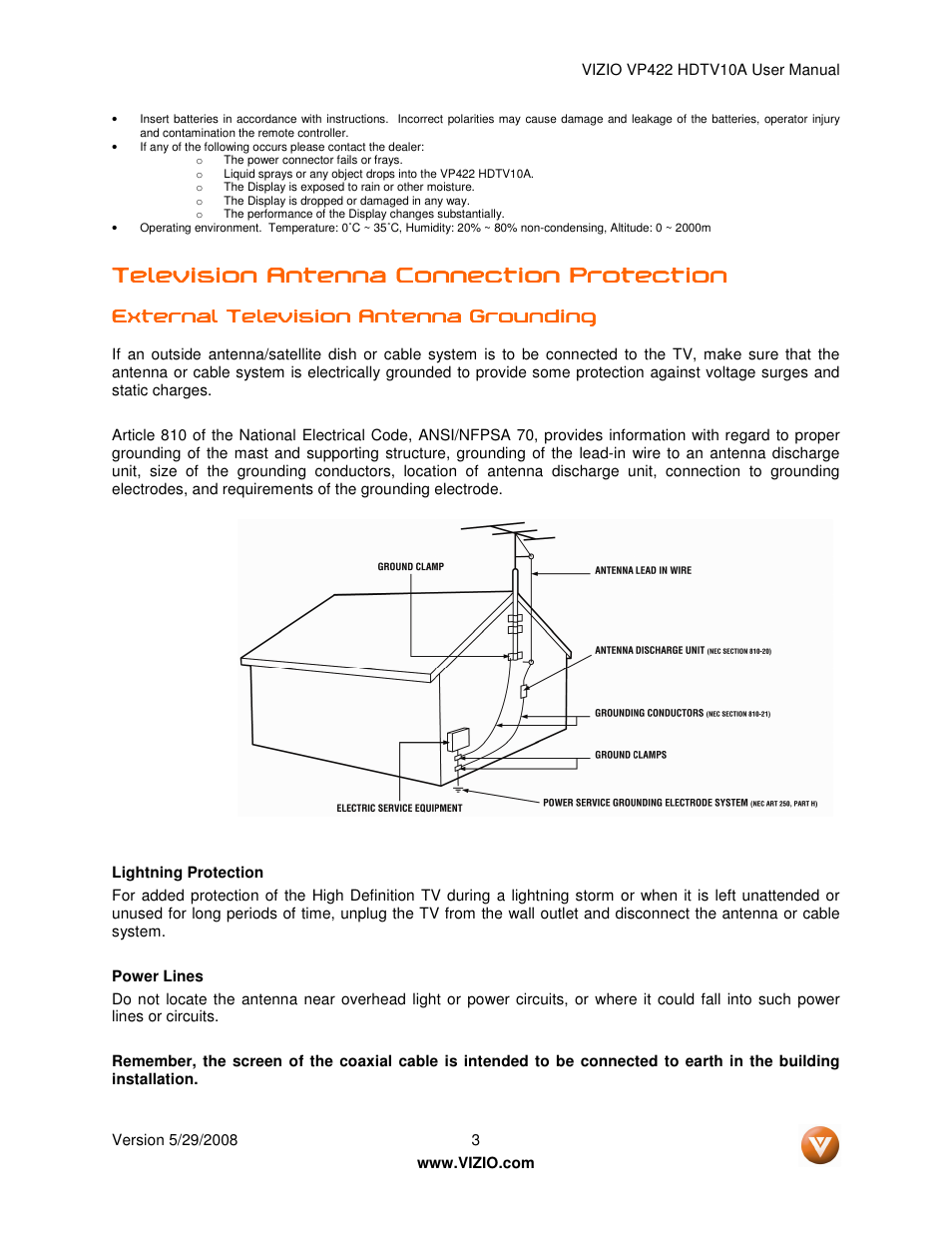 Television antenna connection protection, External television antenna | Vizio VP422 HDTV10A User Manual | Page 3 / 71