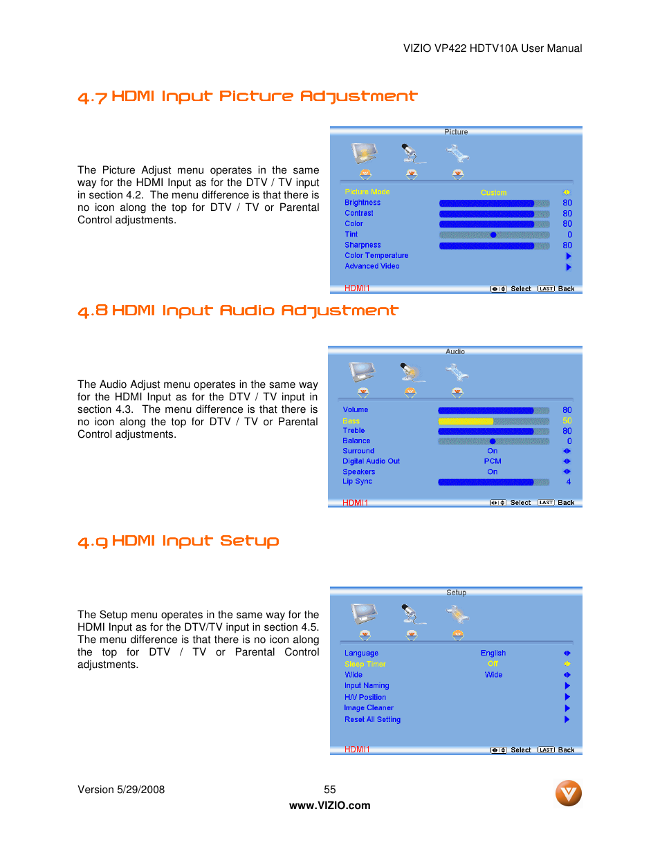 Vizio VP422 HDTV10A User Manual | Page 55 / 71