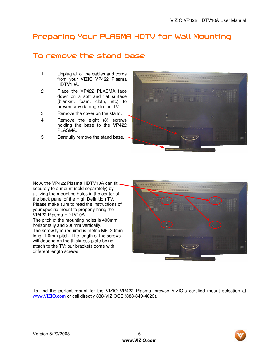 Preparing your plasma hdtv for wall mounting | Vizio VP422 HDTV10A User Manual | Page 6 / 71