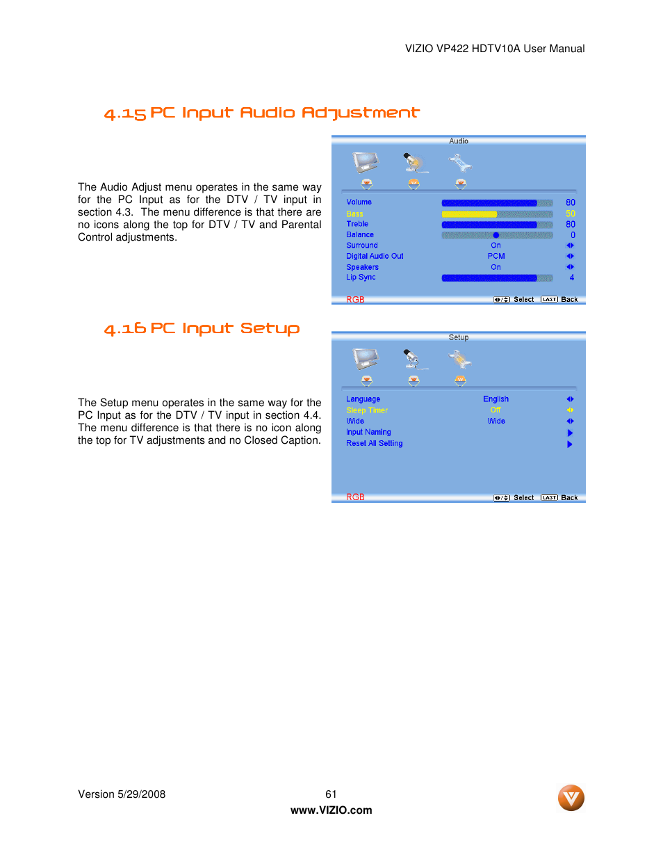 Vizio VP422 HDTV10A User Manual | Page 61 / 71