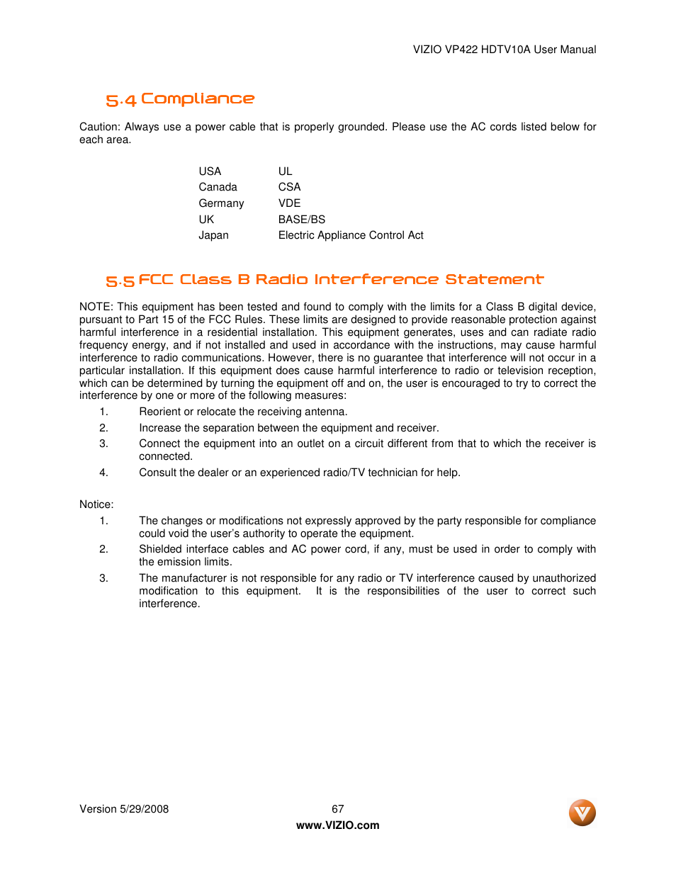 4 compliance compliance compliance compliance | Vizio VP422 HDTV10A User Manual | Page 67 / 71