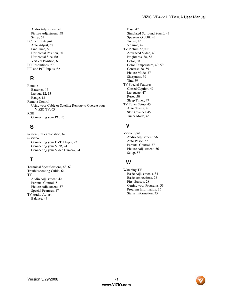 Vizio VP422 HDTV10A User Manual | Page 71 / 71