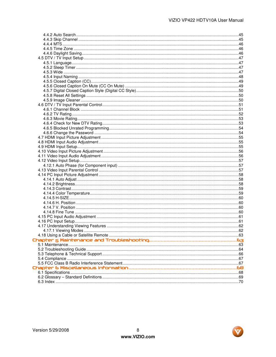Vizio VP422 HDTV10A User Manual | Page 8 / 71
