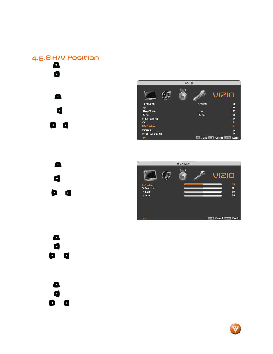 8 h/v position | Vizio VP504 FHDTV10A User Manual | Page 56 / 106