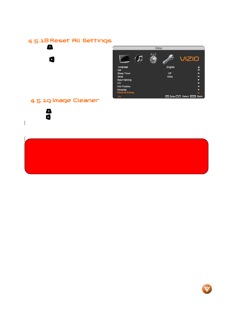 18 reset all settings, 19 image cleaner | Vizio VP504 FHDTV10A User Manual | Page 62 / 106