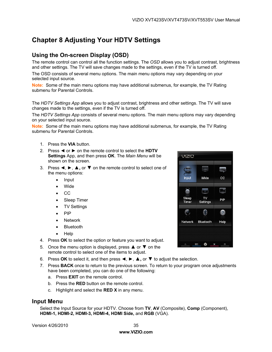 Chapter 8 adjusting your hdtv settings, Using the on-screen display (osd), Input menu | Vizio XVT473SV User Manual | Page 35 / 67