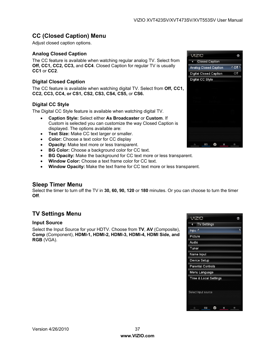 Cc (closed caption) menu, Sleep timer menu, Tv settings menu | Vizio XVT473SV User Manual | Page 37 / 67