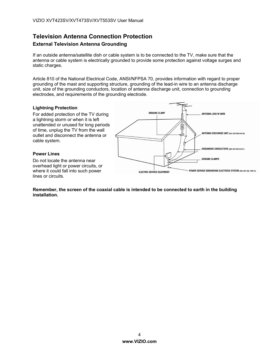 Television antenna connection protection | Vizio XVT473SV User Manual | Page 4 / 67