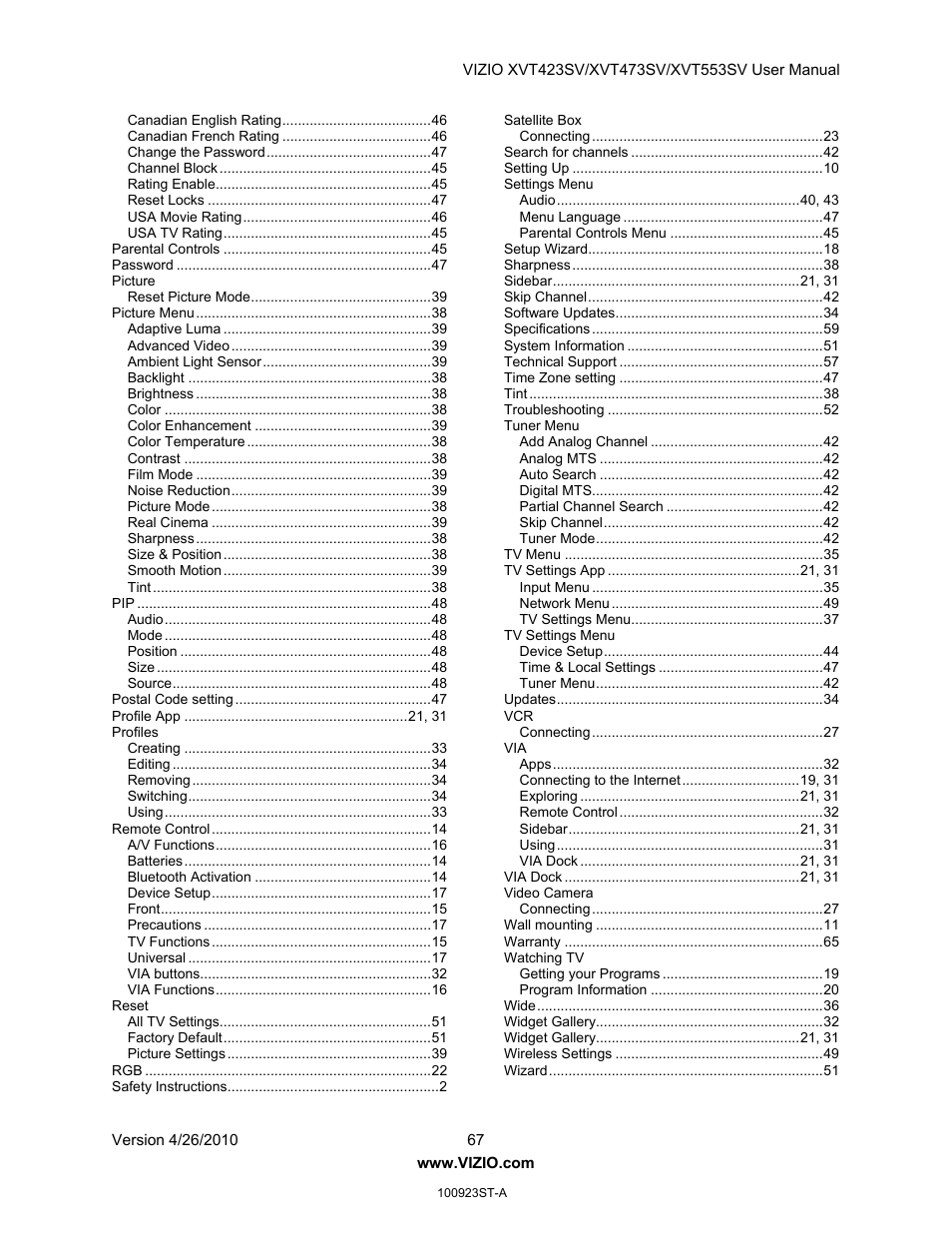 Vizio XVT473SV User Manual | Page 67 / 67