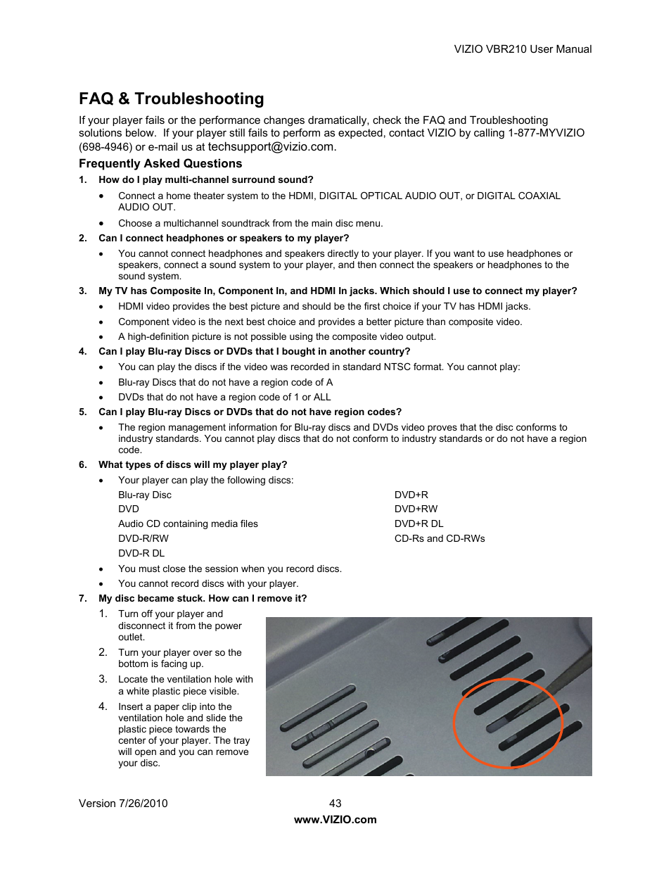 Faq & troubleshooting | Vizio VBR210 User Manual | Page 43 / 55