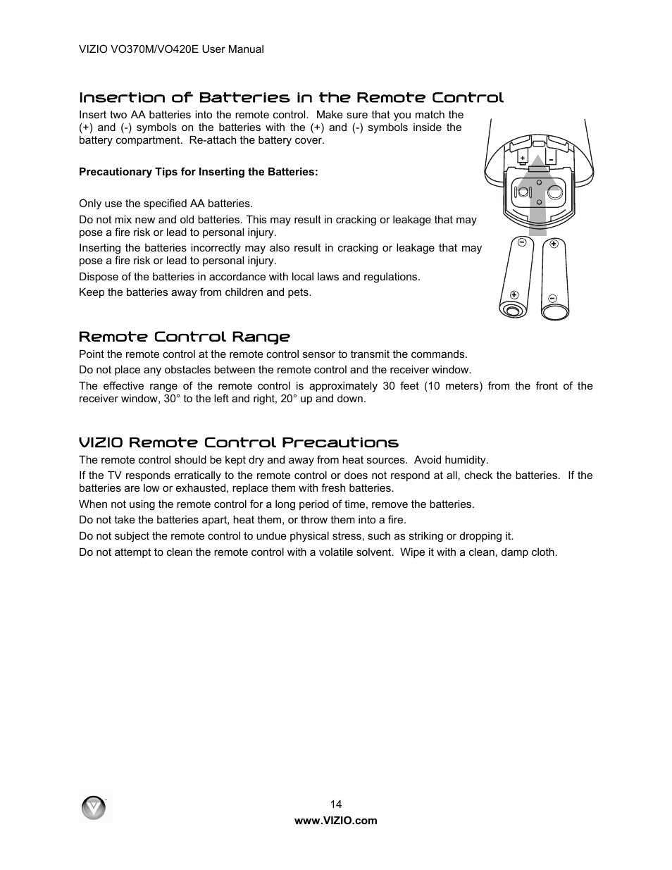 Insertion of batteries in the remote control, Remote control range, Vizio remote control precautions | Vizio VO420E User Manual | Page 14 / 67