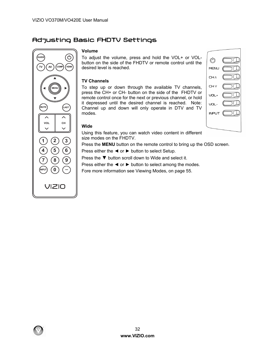 Adjusting basic fhdtv settings | Vizio VO420E User Manual | Page 32 / 67