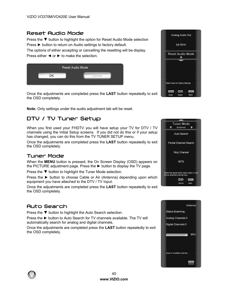 Dtv / tv tuner setup, Reset audio mode, Tuner mode | Auto search | Vizio VO420E User Manual | Page 40 / 67