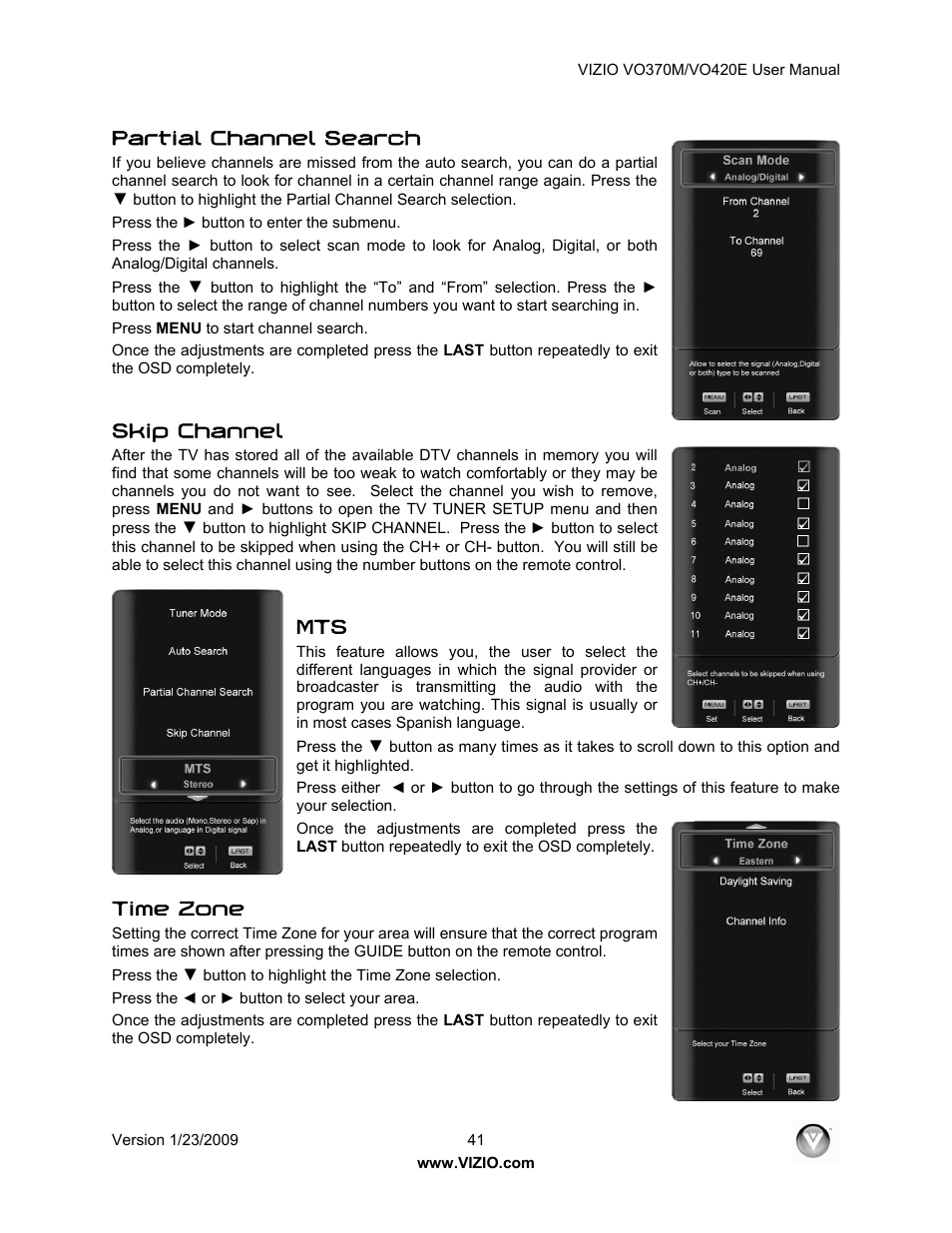 Partial channel search, Skip channel, Time zone | Vizio VO420E User Manual | Page 41 / 67