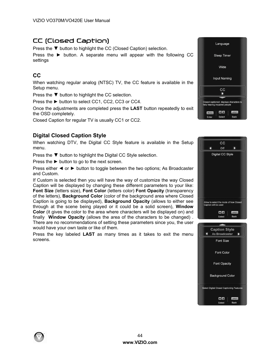 Cc (closed caption) | Vizio VO420E User Manual | Page 44 / 67