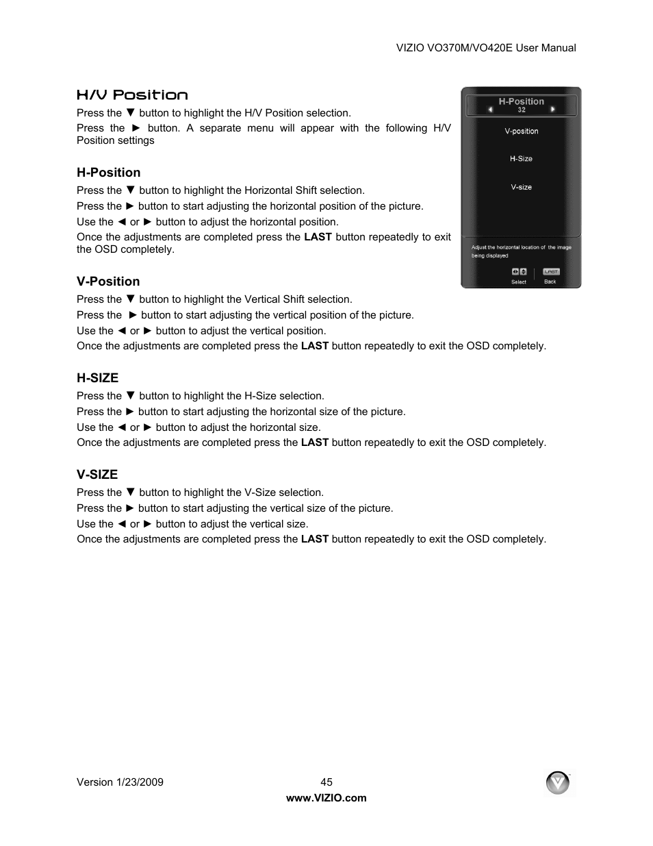 H/v position | Vizio VO420E User Manual | Page 45 / 67