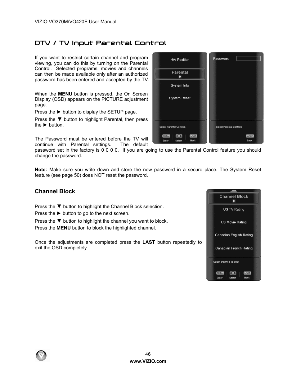 Dtv / tv input parental control | Vizio VO420E User Manual | Page 46 / 67
